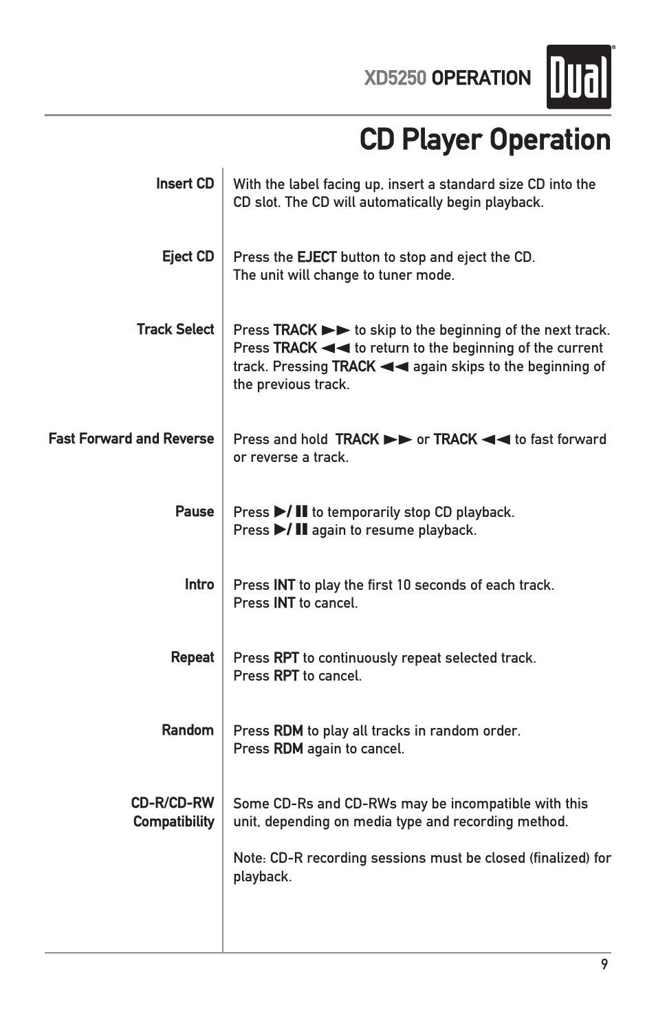 Cd player operation | Dual XD5250 User Manual | Page 9 / 12