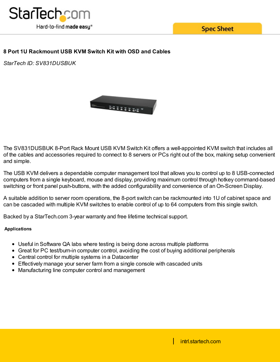 StarTech.com 8-Port 1U Rackmount USB KVM Switch Kit with OSD and Cables (Black) User Manual | 4 pages