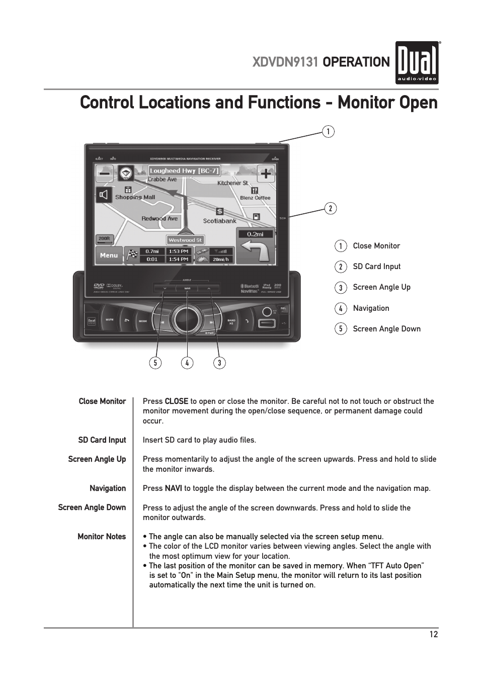 Control locations and functions - monitor open, Xdvdn9131 operation | Dual XDVDN9131 User Manual | Page 13 / 84