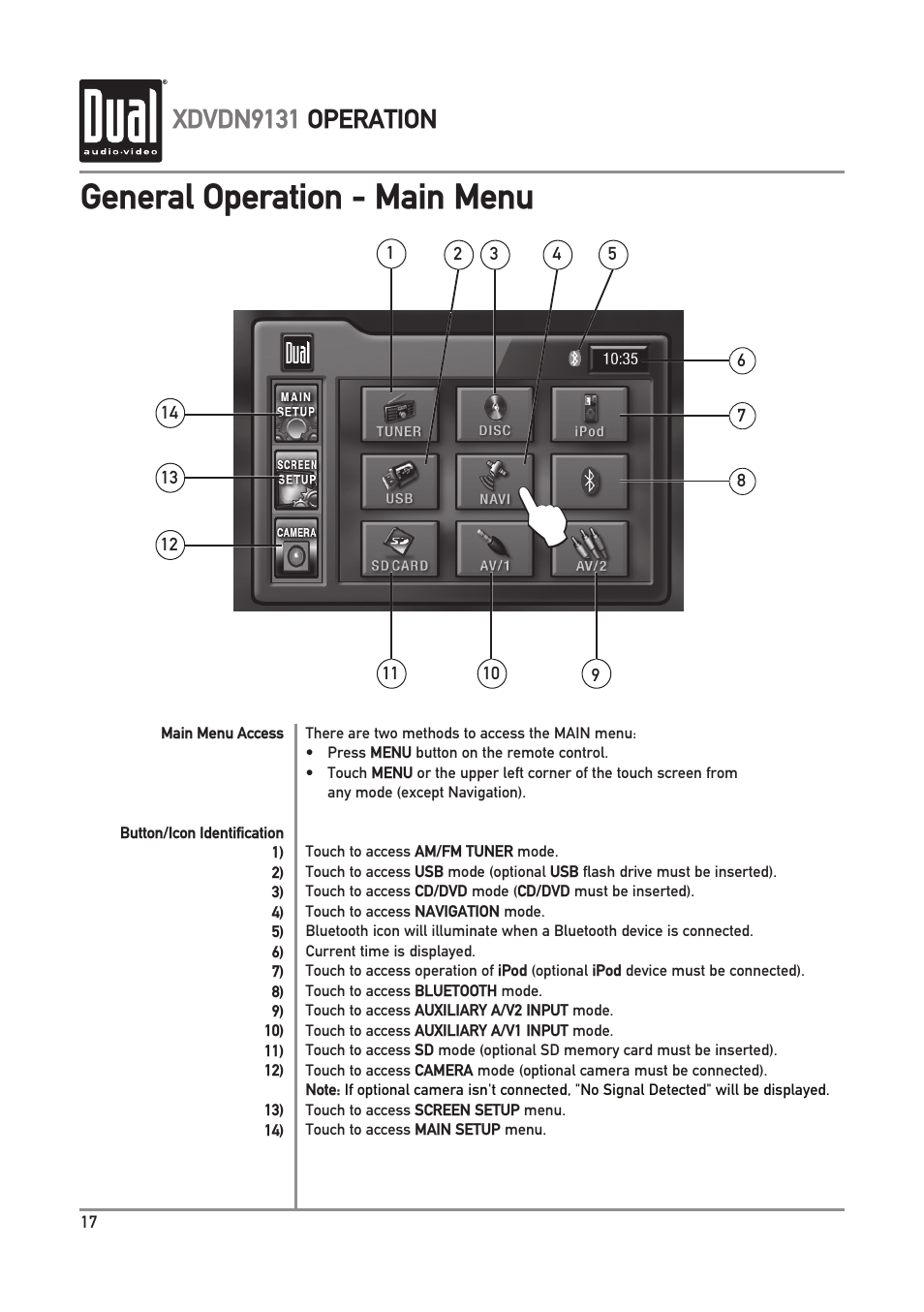 General operation - main menu, Xdvdn9131 operation | Dual XDVDN9131 User Manual | Page 18 / 84