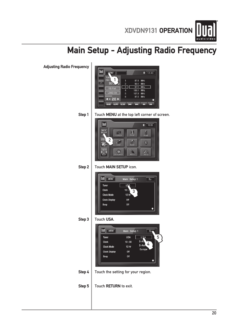 Main setup - adjusting radio frequency | Dual XDVDN9131 User Manual | Page 21 / 84