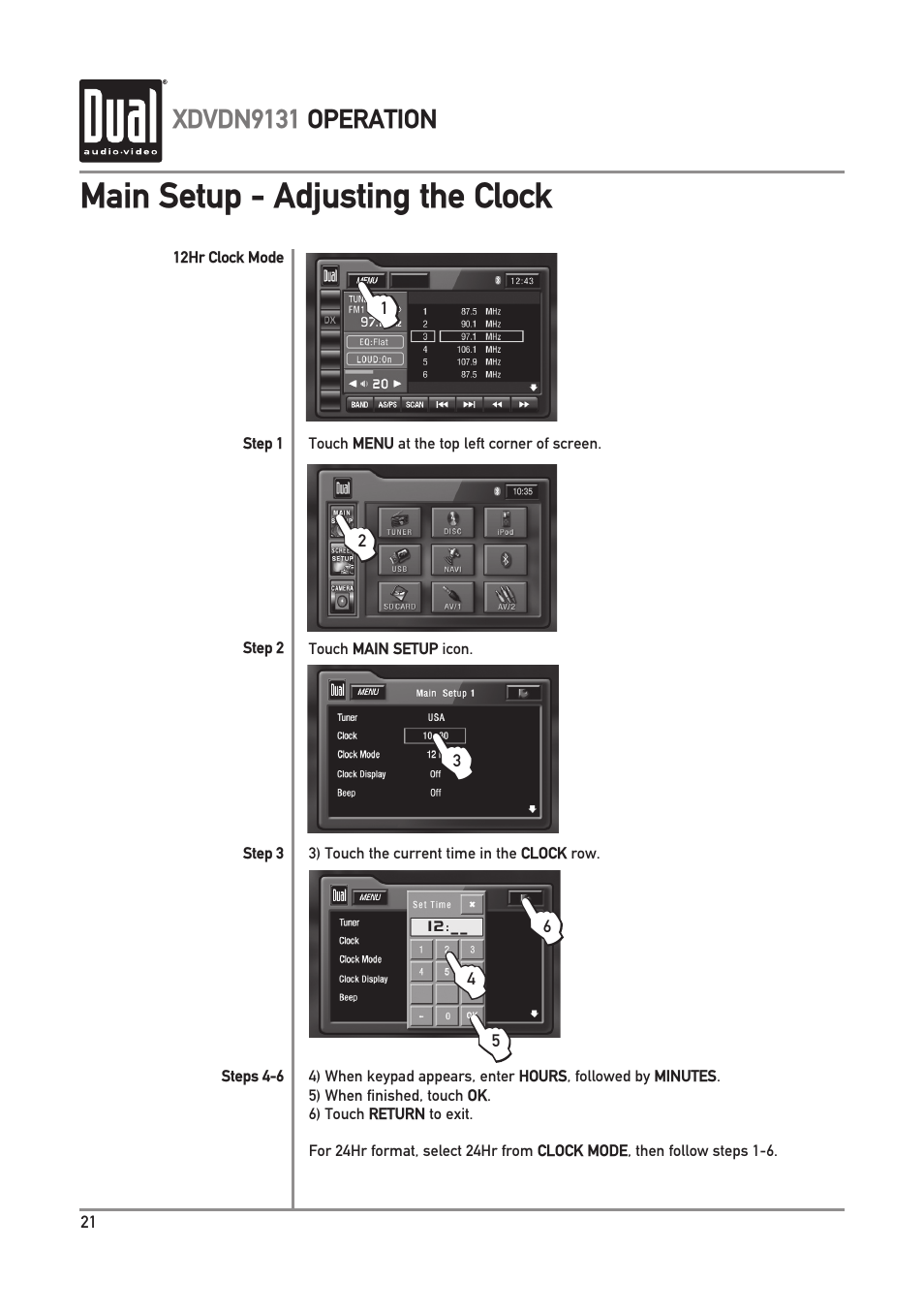 Main setup - adjusting the clock | Dual XDVDN9131 User Manual | Page 22 / 84