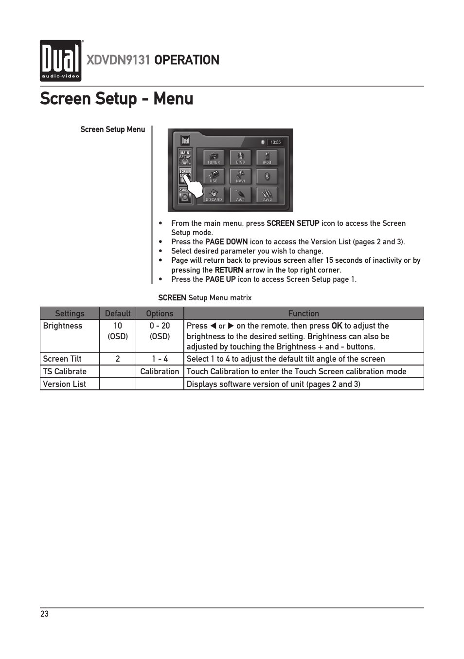 Screen setup - menu, Xdvdn9131 operation | Dual XDVDN9131 User Manual | Page 24 / 84