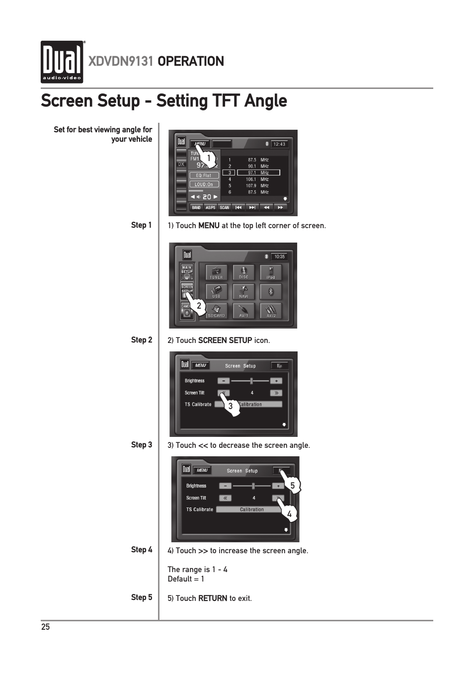 Screen setup - setting tft angle | Dual XDVDN9131 User Manual | Page 26 / 84