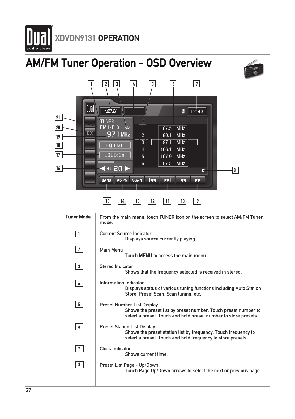 Am/fm tuner operation - osd overview, Xdvdn9131 operation | Dual XDVDN9131 User Manual | Page 28 / 84