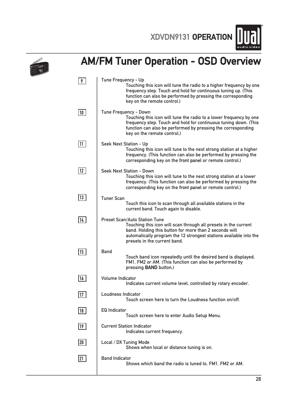 Am/fm tuner operation - osd overview, Xdvdn9131 operation | Dual XDVDN9131 User Manual | Page 29 / 84