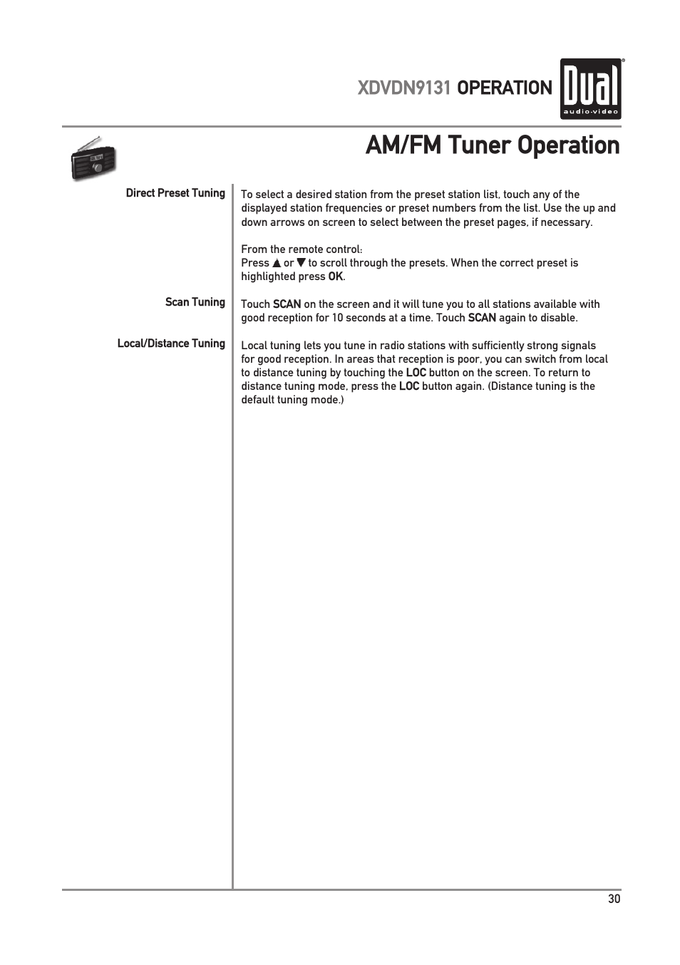 Am/fm tuner operation, Xdvdn9131 operation | Dual XDVDN9131 User Manual | Page 31 / 84