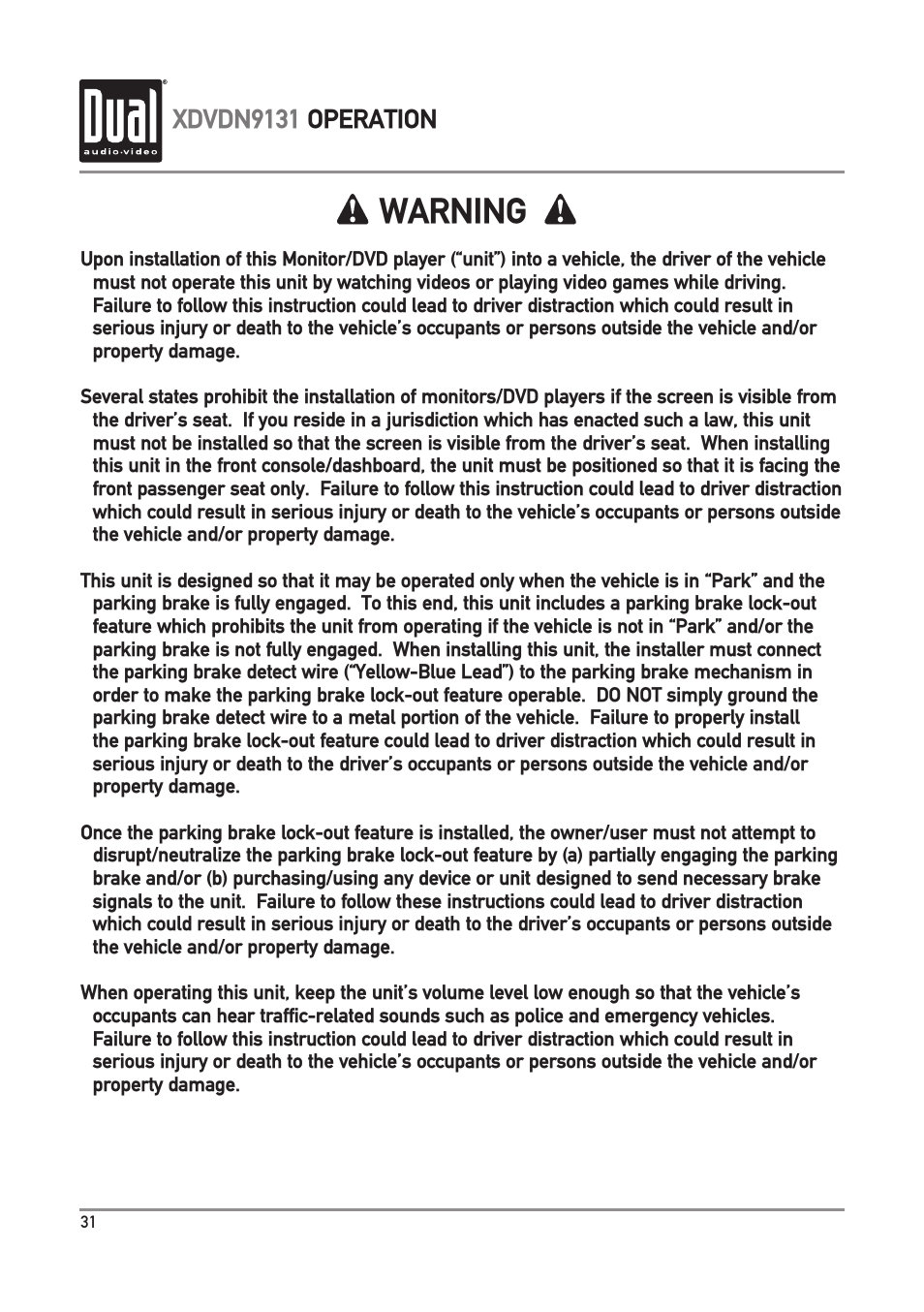 Warning, Xdvdn9131 operation | Dual XDVDN9131 User Manual | Page 32 / 84