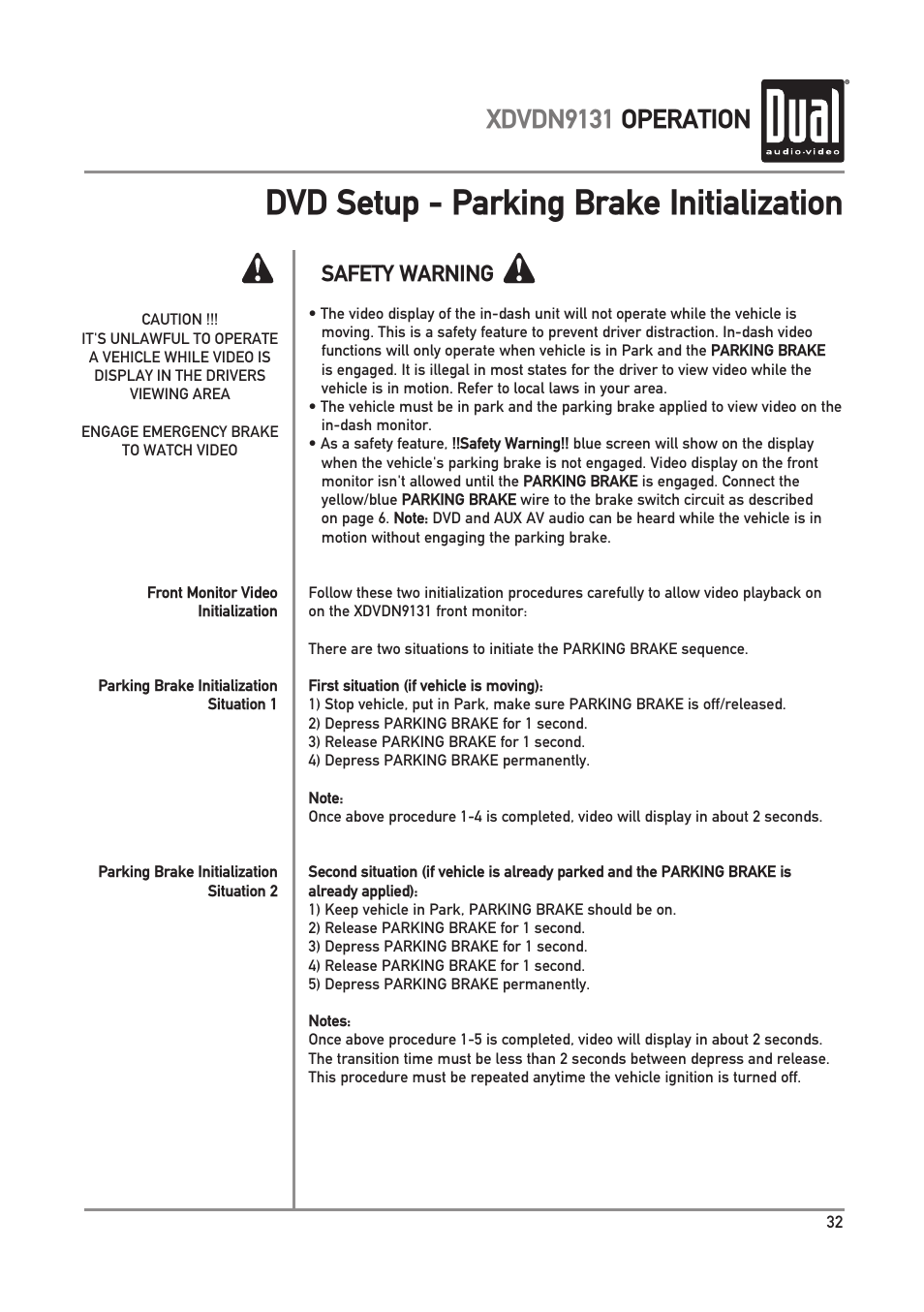 Dvd setup - parking brake initialization, Xdvdn9131 operation, Safety warning | Dual XDVDN9131 User Manual | Page 33 / 84