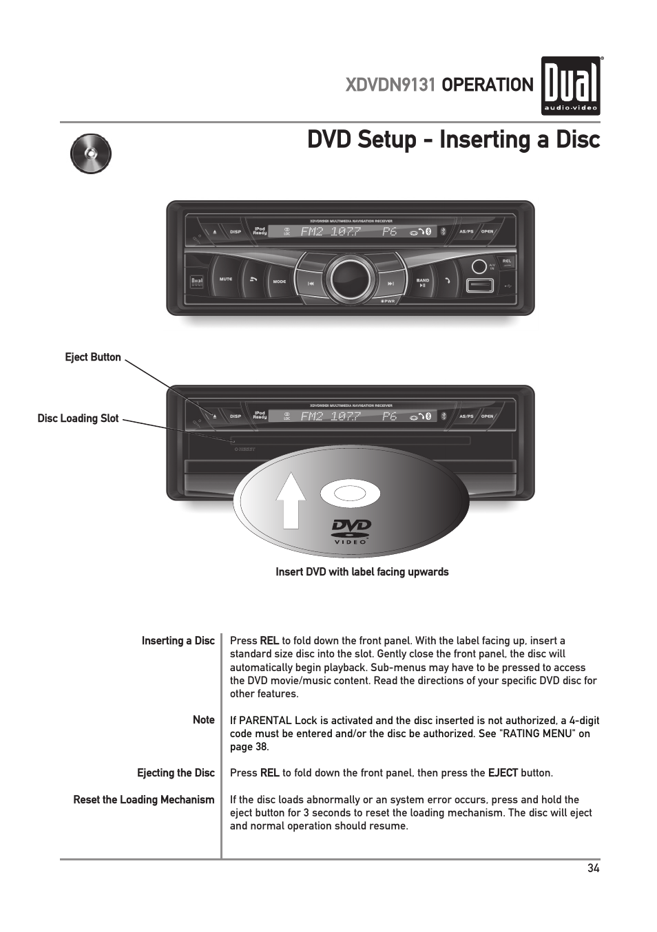 Dvd setup - inserting a disc, Xdvdn9131 operation | Dual XDVDN9131 User Manual | Page 35 / 84