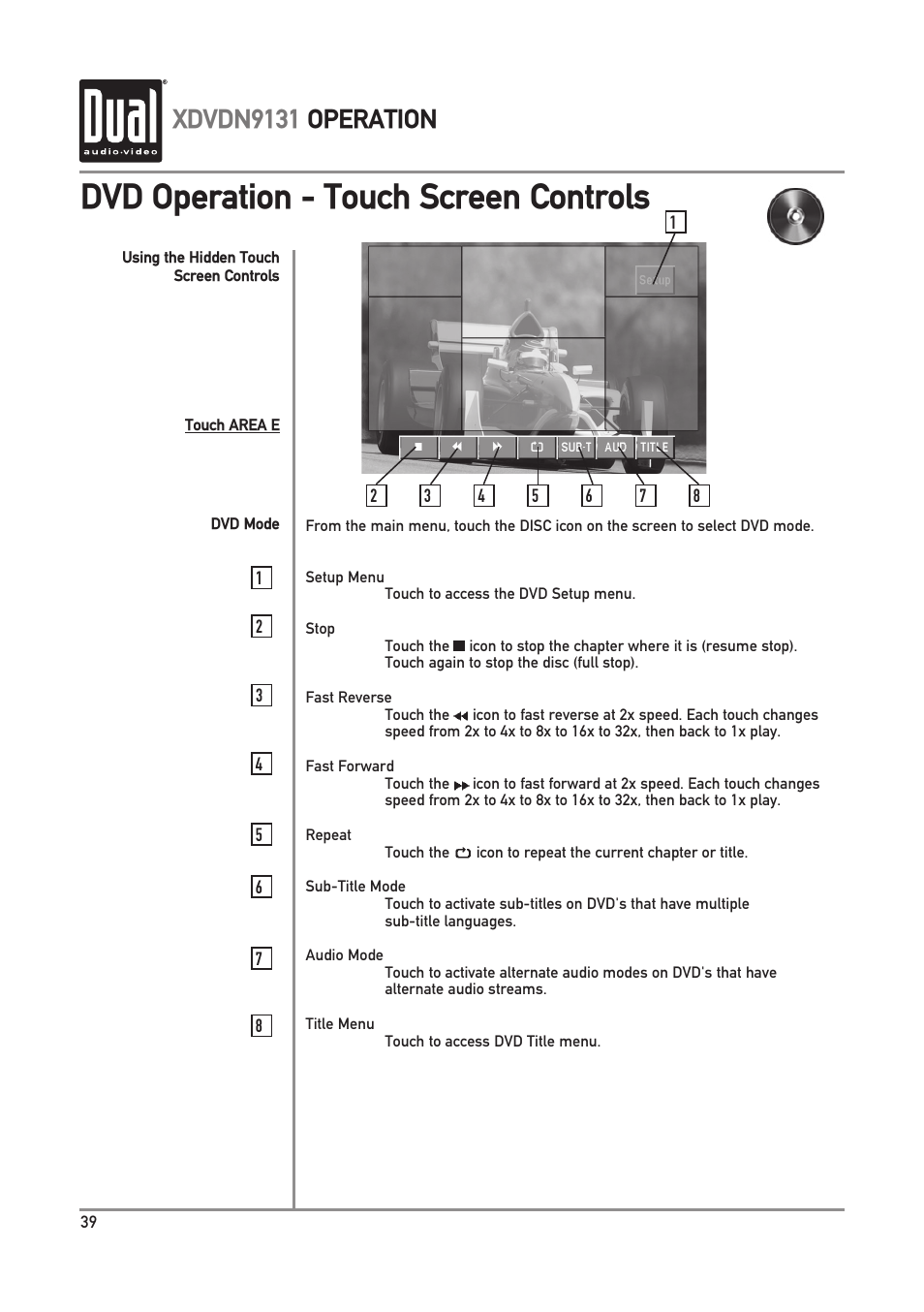 Dvd operation - touch screen controls, Xdvdn9131 operation | Dual XDVDN9131 User Manual | Page 40 / 84