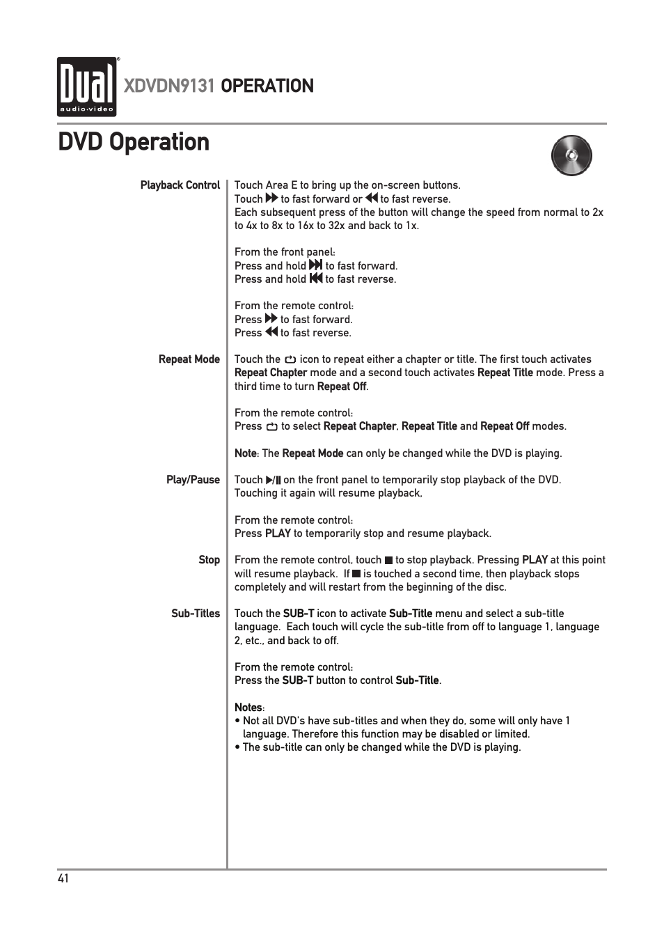 Dvd operation, Xdvdn9131 operation | Dual XDVDN9131 User Manual | Page 42 / 84