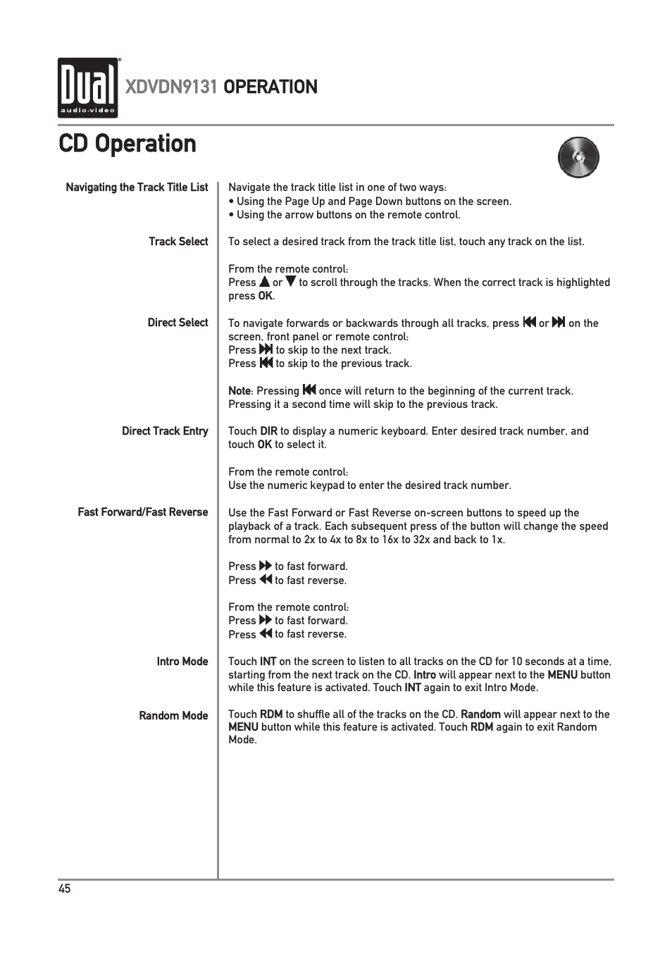 Cd operation, Xdvdn9131 operation | Dual XDVDN9131 User Manual | Page 46 / 84