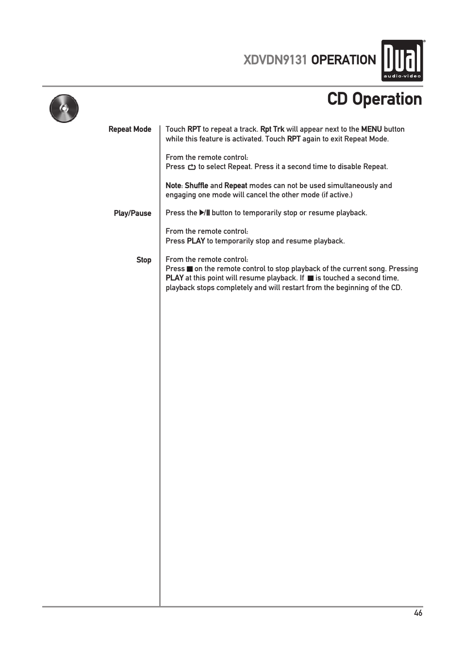 Cd operation, Xdvdn9131 operation | Dual XDVDN9131 User Manual | Page 47 / 84