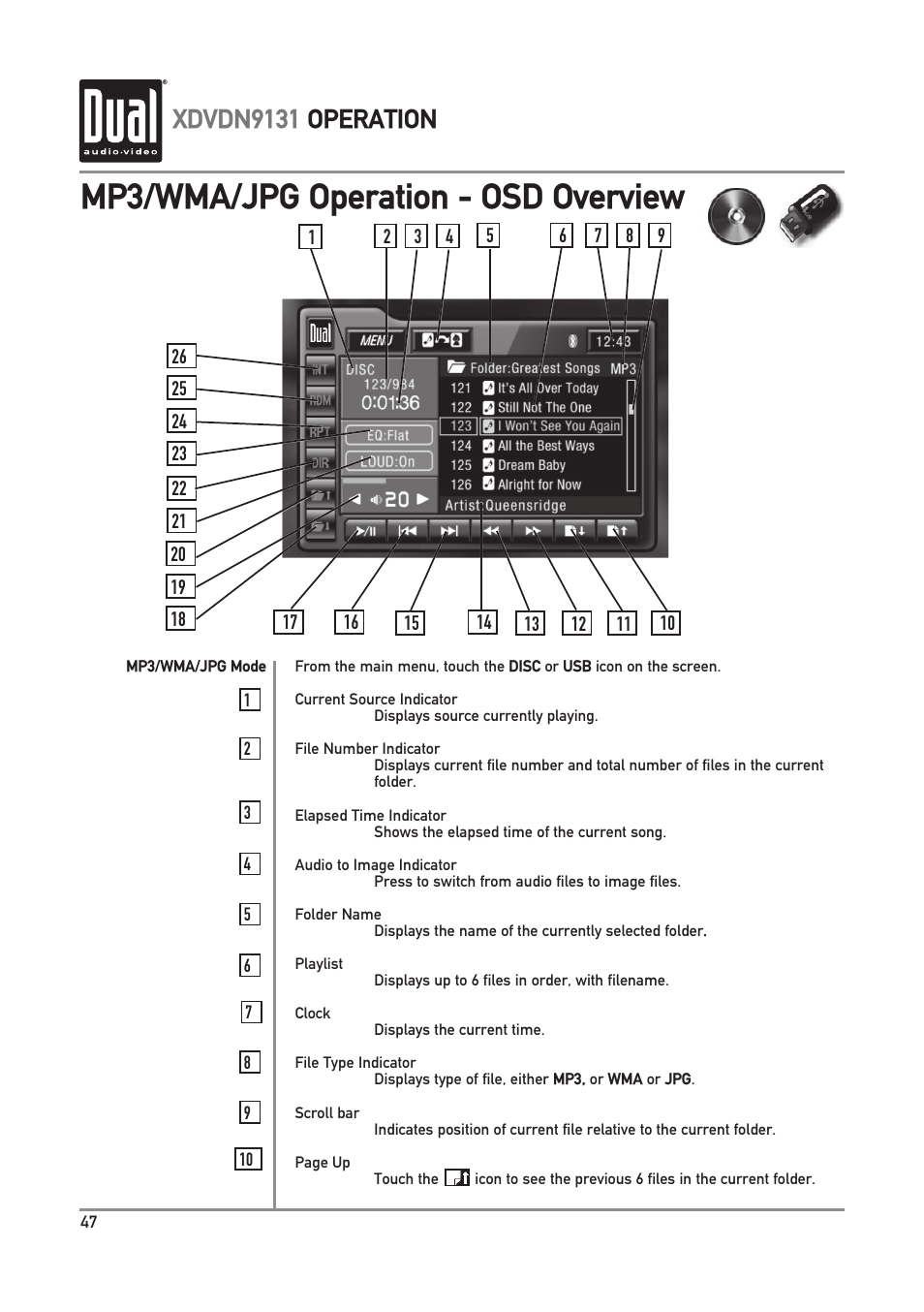 Mp3/wma/jpg operation - osd overview, Xdvdn9131 operation | Dual XDVDN9131 User Manual | Page 48 / 84