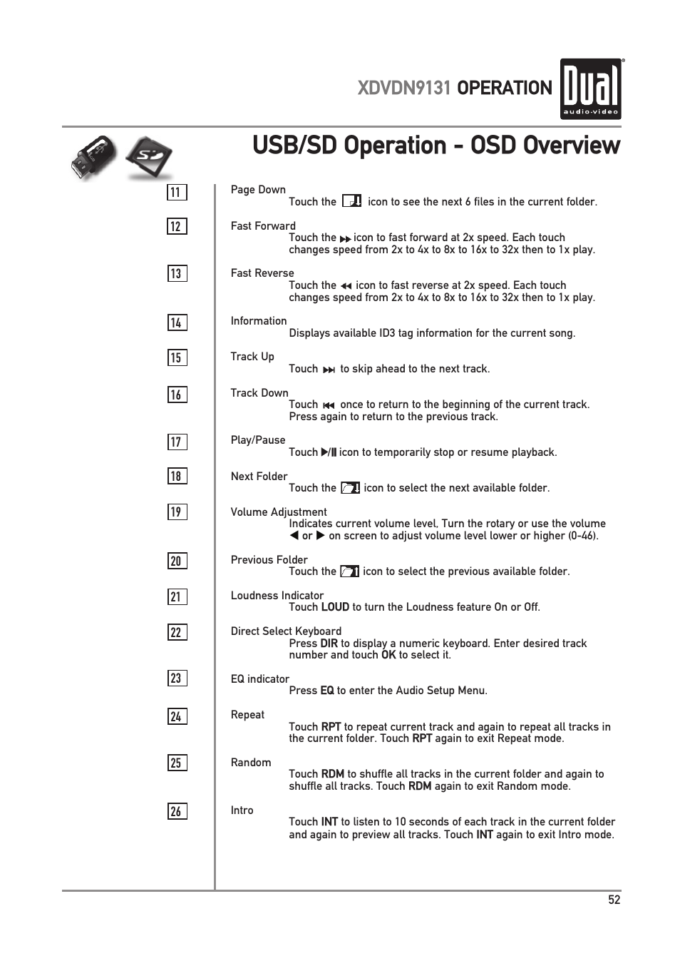 Usb/sd operation - osd overview, Xdvdn9131 operation | Dual XDVDN9131 User Manual | Page 53 / 84