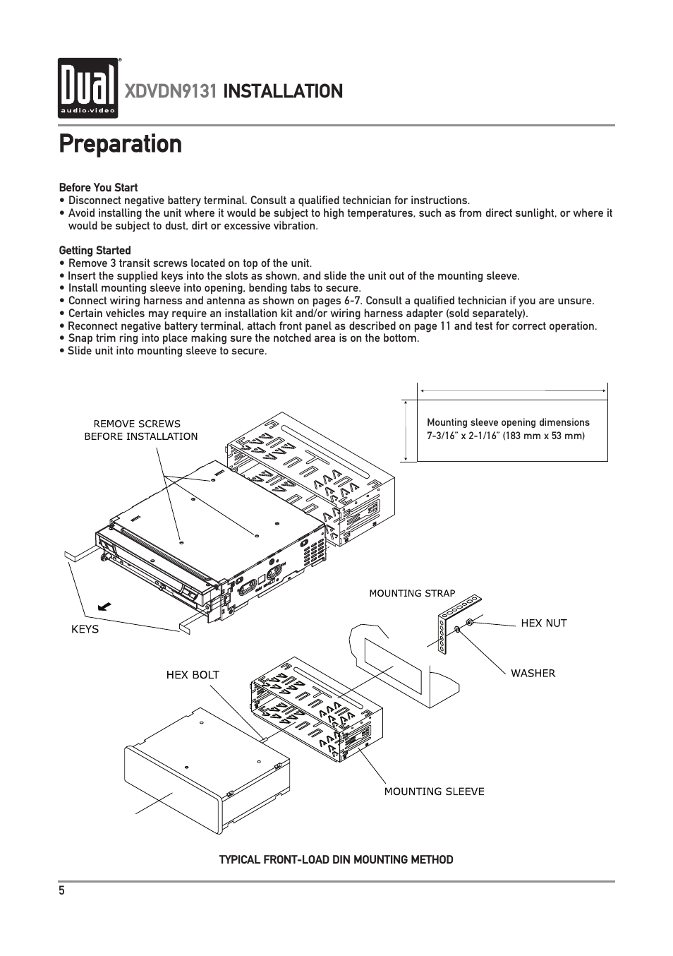 Preparation, Xdvdn9131 installation | Dual XDVDN9131 User Manual | Page 6 / 84