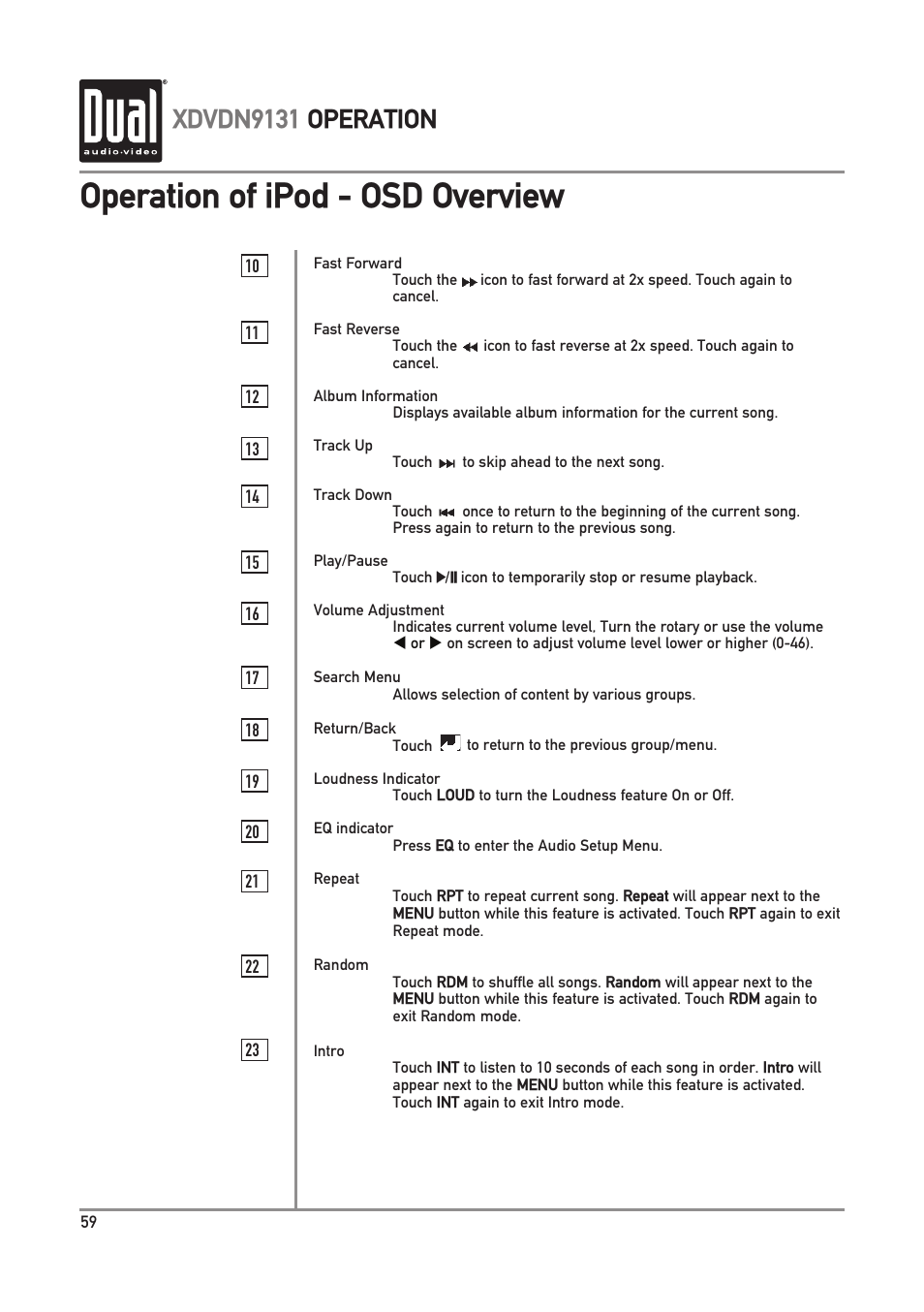 Operation of ipod - osd overview, Xdvdn9131 operation | Dual XDVDN9131 User Manual | Page 60 / 84