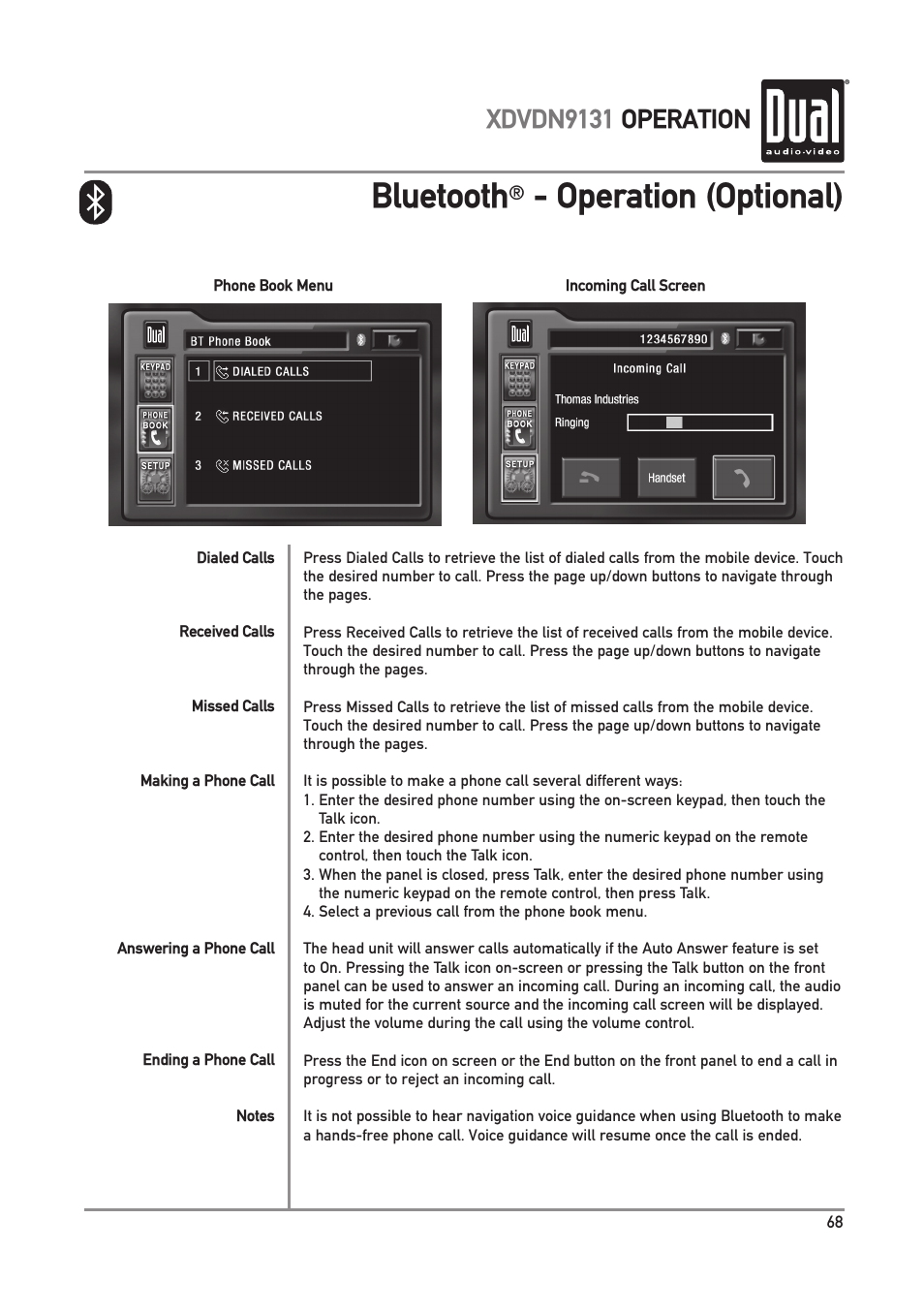 Bluetooth, Operation (optional), Xdvdn9131 operation | Dual XDVDN9131 User Manual | Page 69 / 84