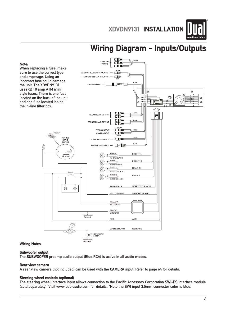 Wiring diagram - inputs/outputs, Xdvdn9131 installation | Dual XDVDN9131 User Manual | Page 7 / 84