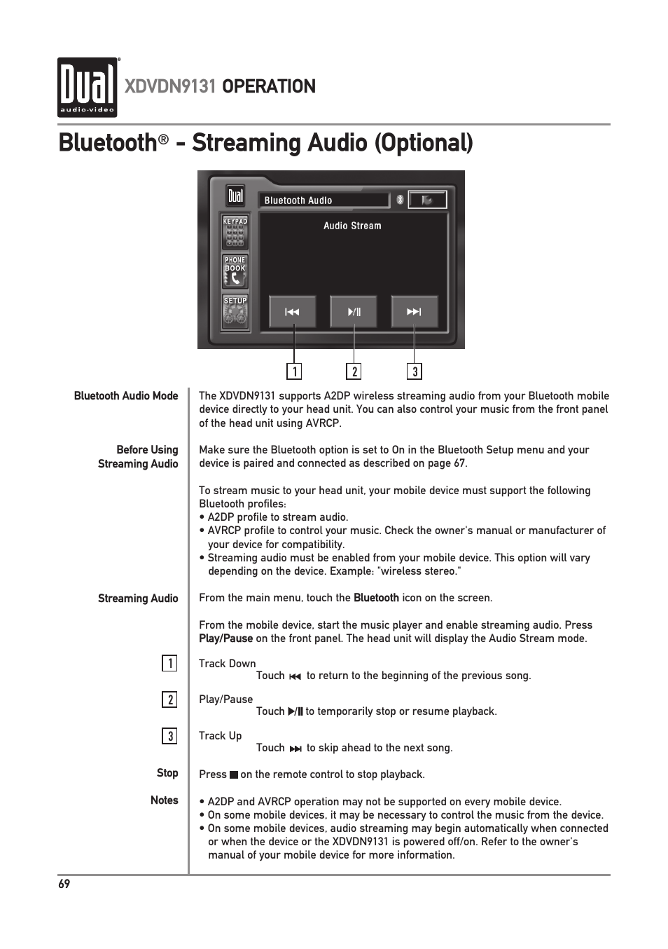 Bluetooth, Streaming audio (optional), Xdvdn9131 operation | Dual XDVDN9131 User Manual | Page 70 / 84