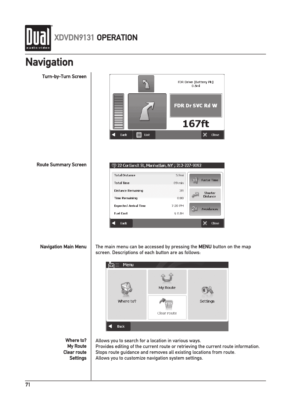 Navigation, Xdvdn9131 operation | Dual XDVDN9131 User Manual | Page 72 / 84