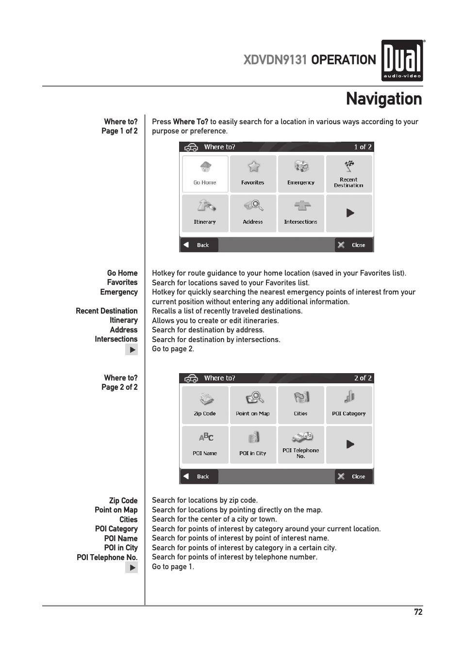 Navigation, Xdvdn9131 operation | Dual XDVDN9131 User Manual | Page 73 / 84