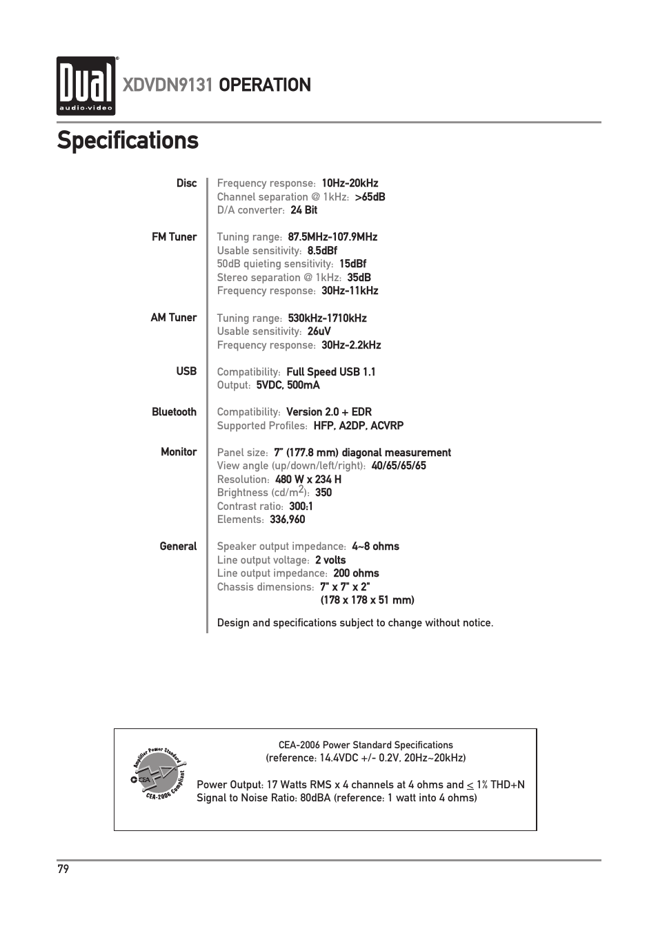 Specifications, Xdvdn9131 operation | Dual XDVDN9131 User Manual | Page 80 / 84