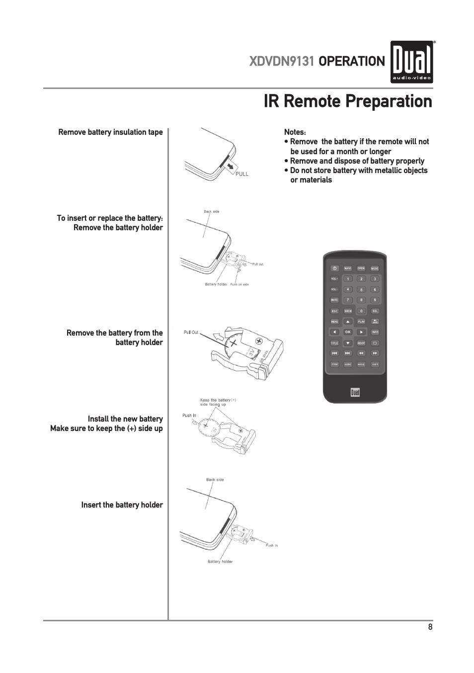 Ir remote preparation, Xdvdn9131 operation | Dual XDVDN9131 User Manual | Page 9 / 84