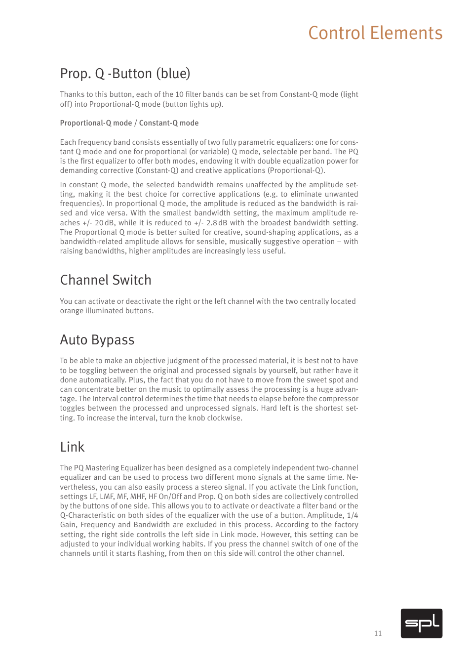 Control elements, Prop. q -button (blue), Channel switch | Auto bypass, Link | SPL PQ Mastering Equalizer (Red) User Manual | Page 12 / 17