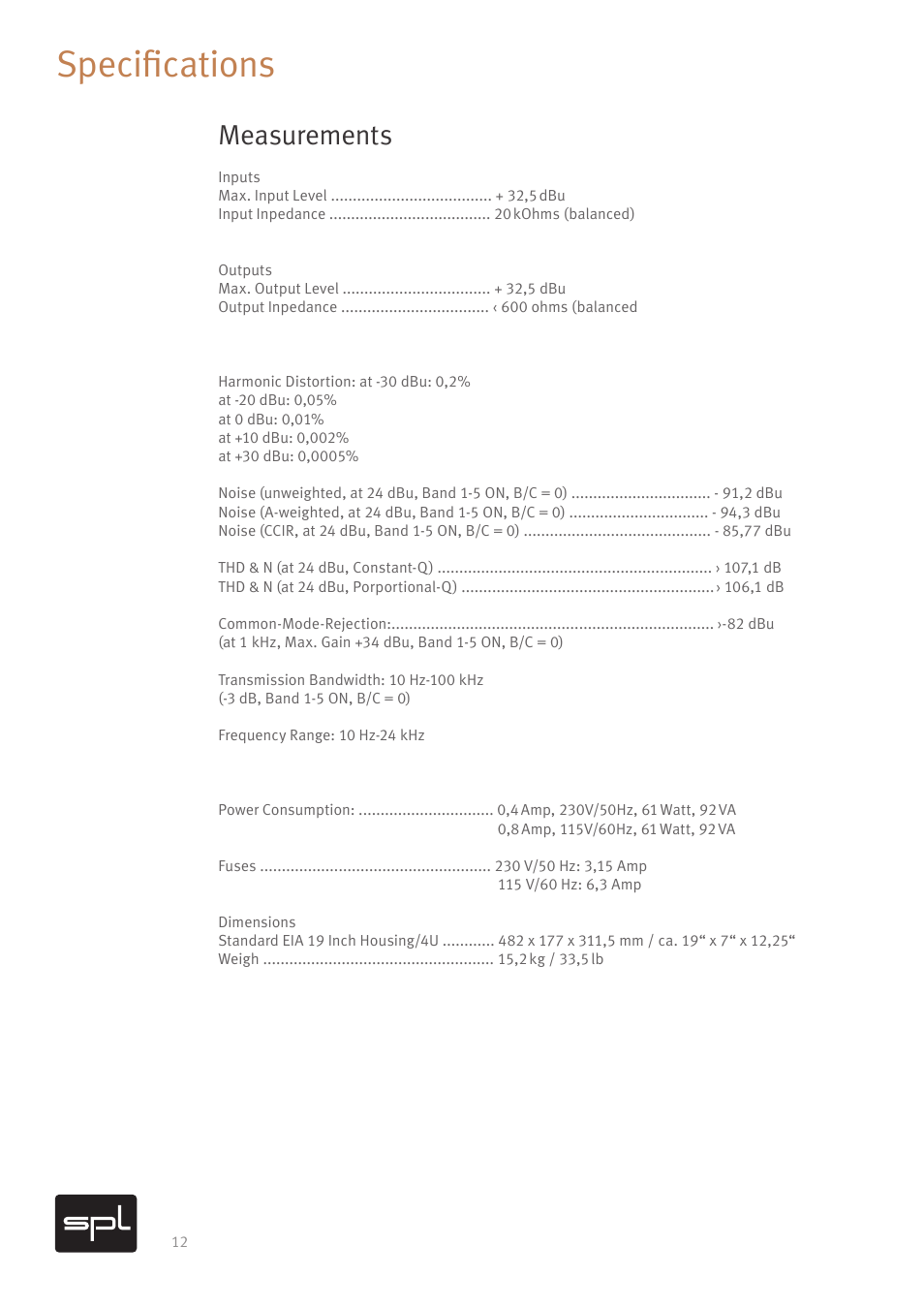 Specifications, Measurements | SPL PQ Mastering Equalizer (Red) User Manual | Page 13 / 17