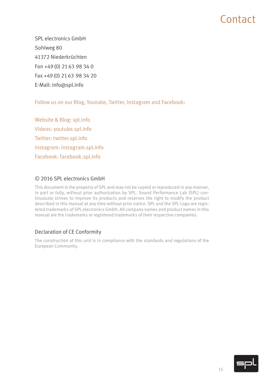 Contact | SPL PQ Mastering Equalizer (Red) User Manual | Page 16 / 17