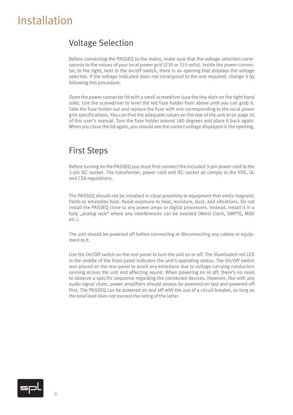 Installation, Voltage selection, First steps | SPL PASSEQ Passive Mastering Equalizer for Pro Audio Applications (All Black) User Manual | Page 12 / 26