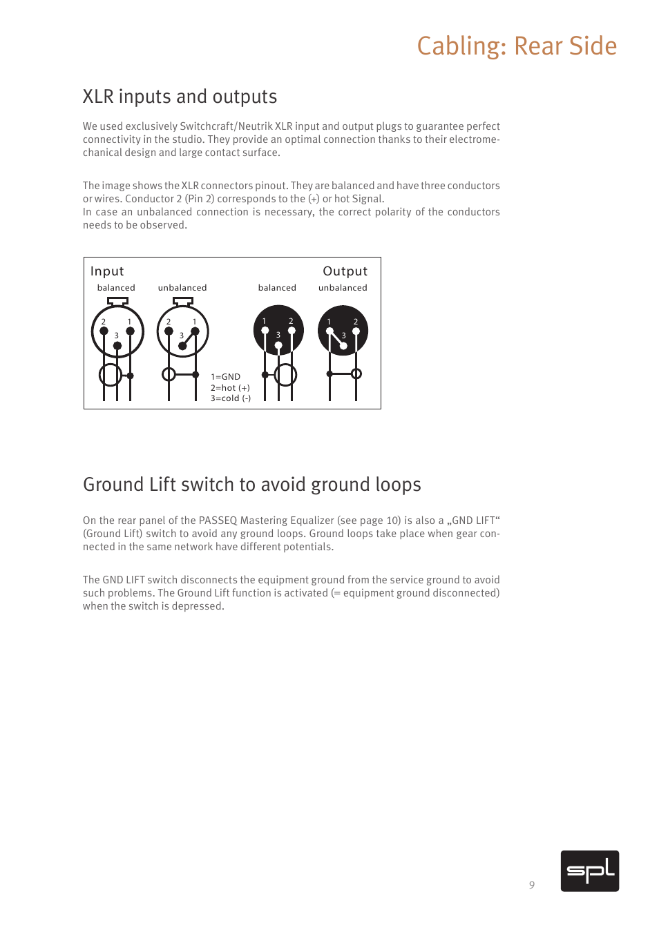 Cabling: rear side, Xlr inputs and outputs, Ground lift switch to avoid ground loops | Input output | SPL PASSEQ Passive Mastering Equalizer for Pro Audio Applications (All Black) User Manual | Page 13 / 26