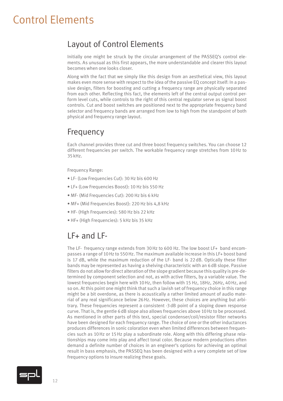 Control elements, Layout of control elements, Frequency | Lf+ and lf | SPL PASSEQ Passive Mastering Equalizer for Pro Audio Applications (All Black) User Manual | Page 16 / 26