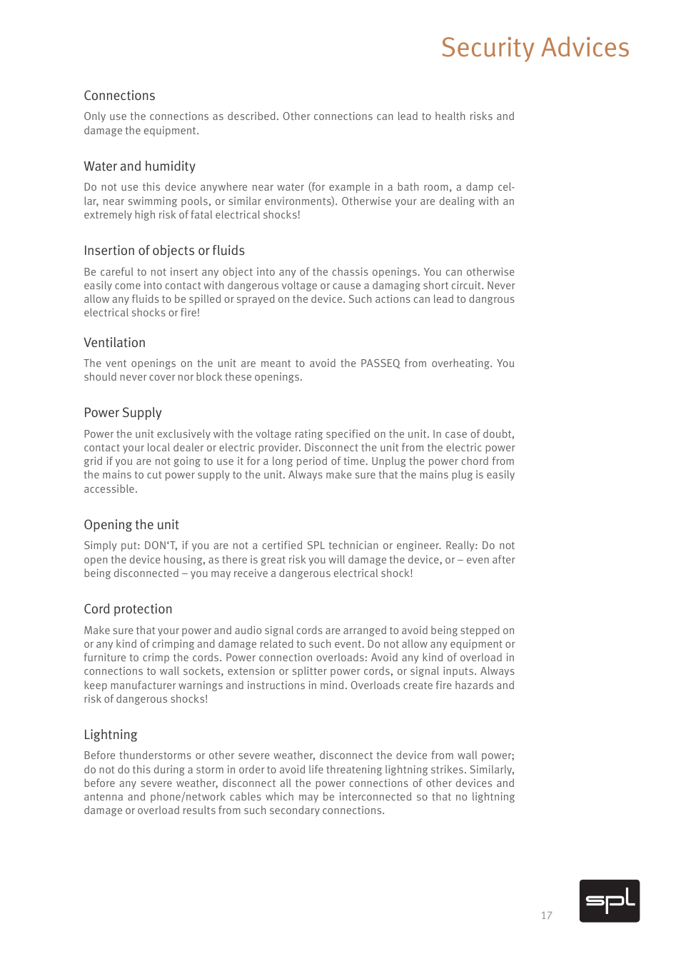 Security advices | SPL PASSEQ Passive Mastering Equalizer for Pro Audio Applications (All Black) User Manual | Page 21 / 26