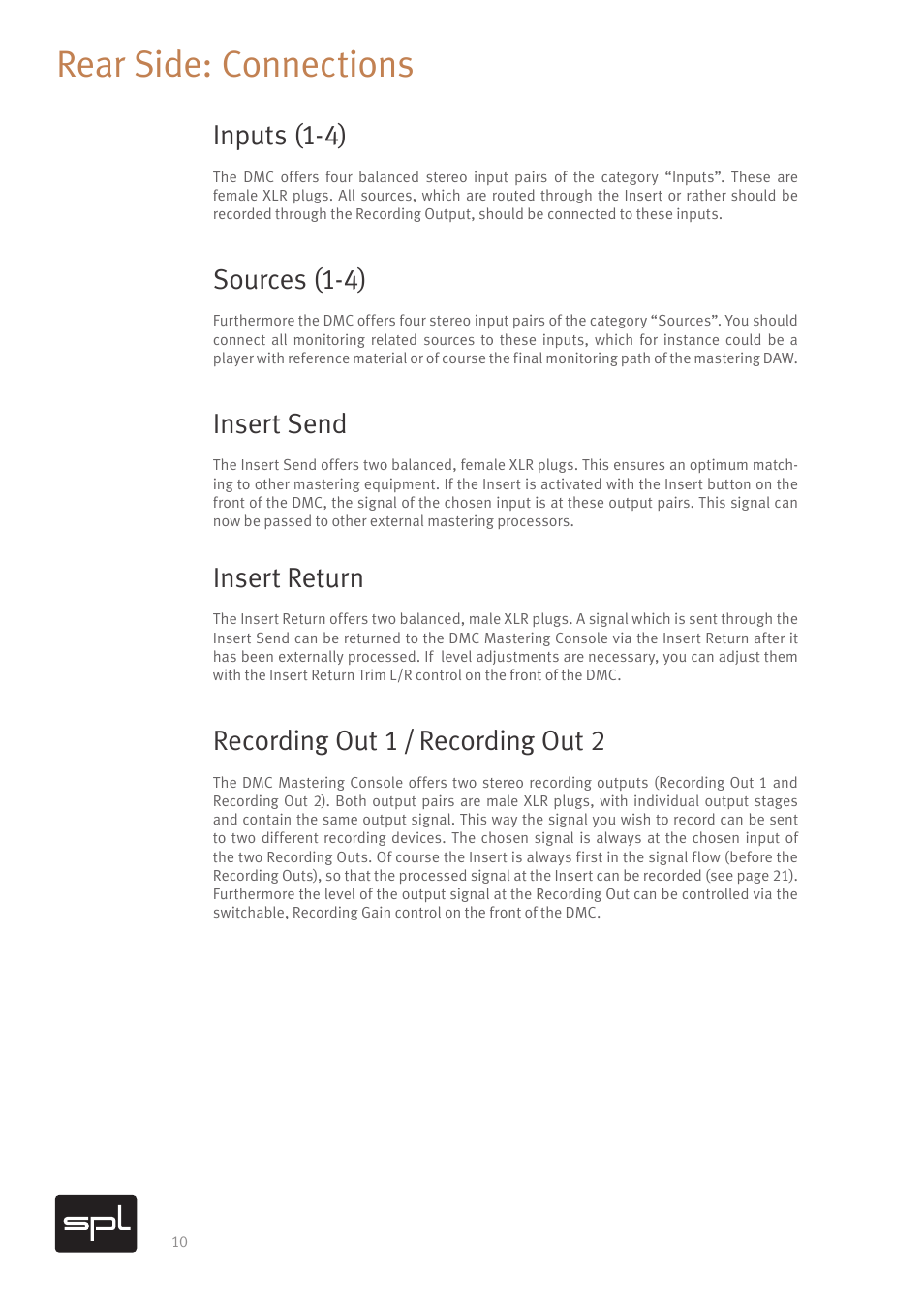 Rear side: connections, Inputs (1-4), Sources (1-4) | Insert send, Insert return, Recording out 1 / recording out 2 | SPL DMC Mastering Console (Black) User Manual | Page 12 / 28