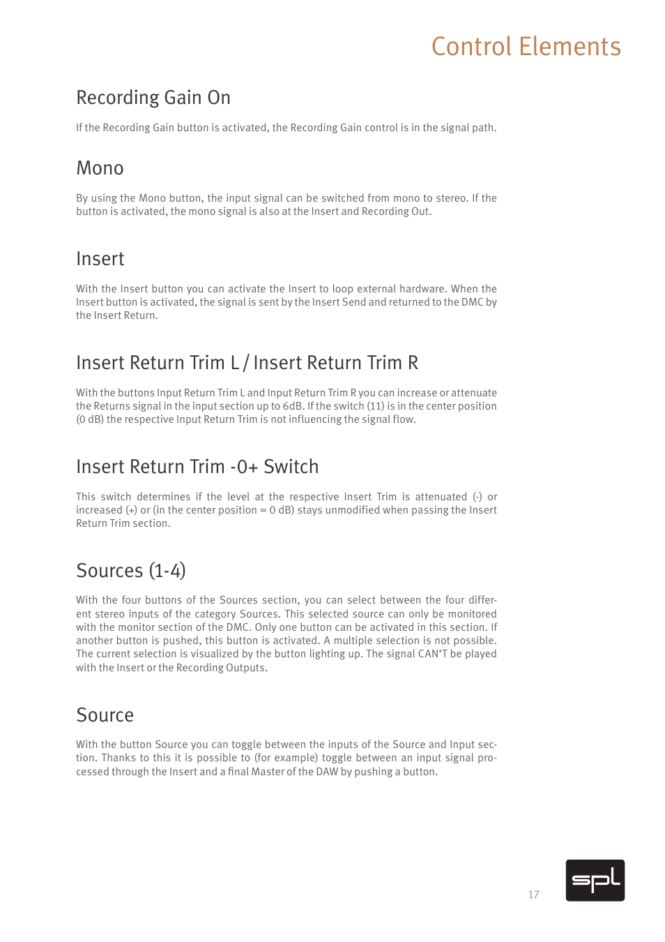 Control elements, Recording gain on, Mono | Insert, Insert return trim l / insert return trim r, Insert return trim -0+ switch, Sources (1-4), Source | SPL DMC Mastering Console (Black) User Manual | Page 19 / 28