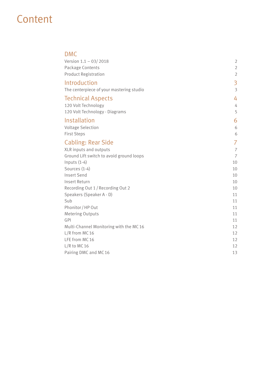 Content, Introduction 3, Technical aspects 4 | Installation 6, Cabling: rear side 7 | SPL DMC Mastering Console (Black) User Manual | Page 2 / 28