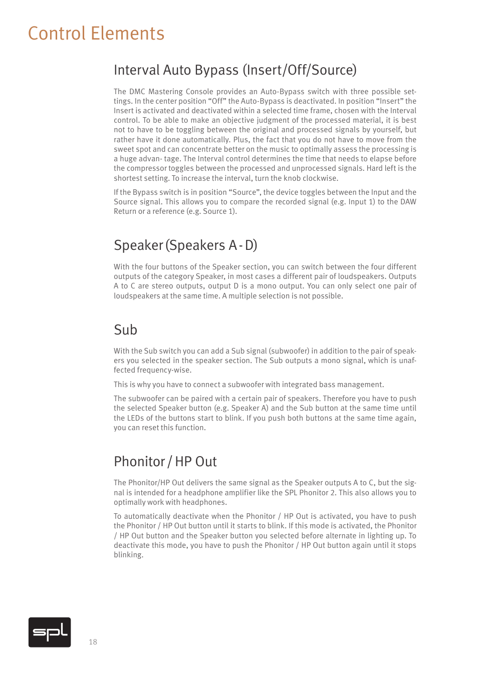 Control elements, Interval auto bypass (insert/off/source), Speaker (speakers a - d) | Phonitor / hp out | SPL DMC Mastering Console (Black) User Manual | Page 20 / 28