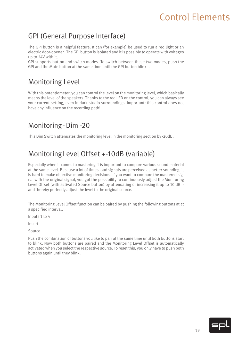 Control elements, Gpi (general purpose interface), Monitoring level | Monitoring - dim -20, Monitoring level offset +-10db (variable) | SPL DMC Mastering Console (Black) User Manual | Page 21 / 28