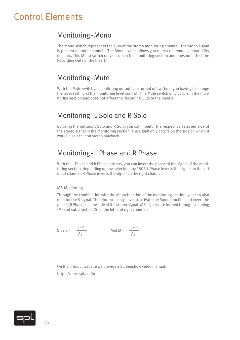 Control elements, Monitoring - mono, Monitoring - mute | Monitoring - l solo and r solo, Monitoring - l phase and r phase | SPL DMC Mastering Console (Black) User Manual | Page 22 / 28