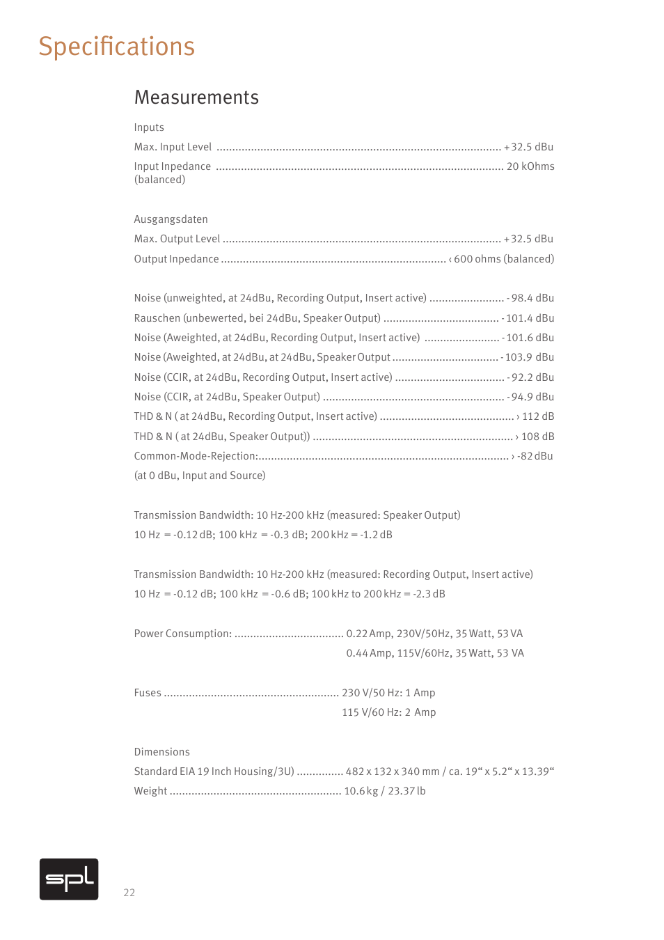 Specifications, Measurements | SPL DMC Mastering Console (Black) User Manual | Page 24 / 28