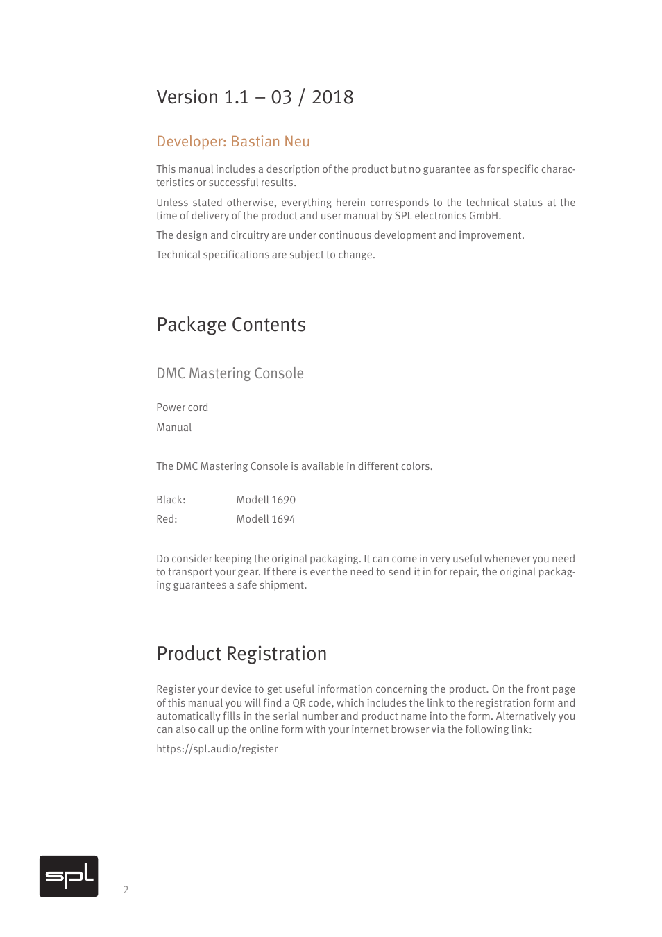 Package contents, Product registration, Developer: bastian neu | Dmc mastering console | SPL DMC Mastering Console (Black) User Manual | Page 4 / 28