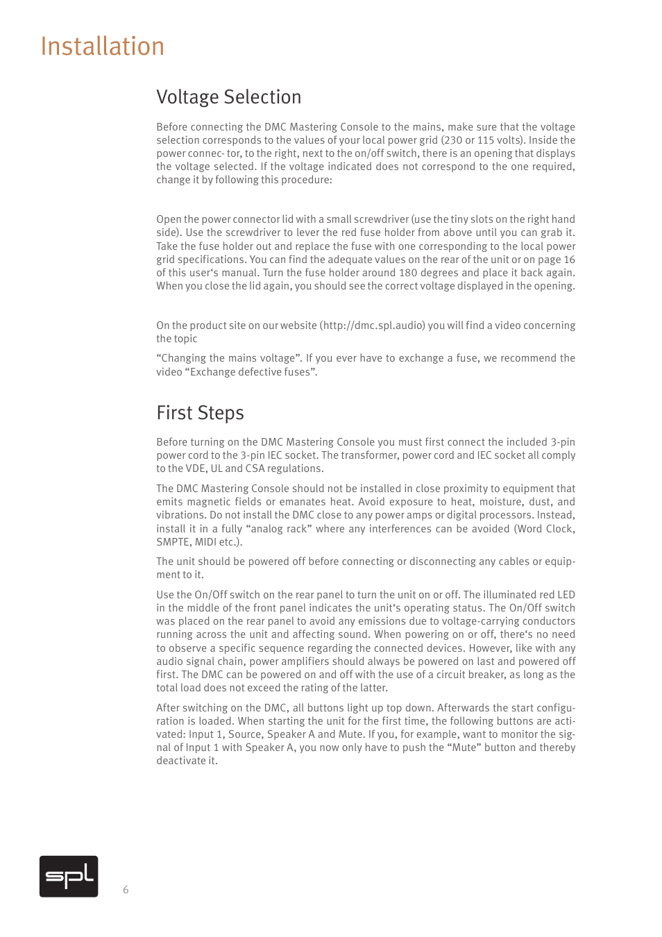 Installation, Voltage selection, First steps | SPL DMC Mastering Console (Black) User Manual | Page 8 / 28