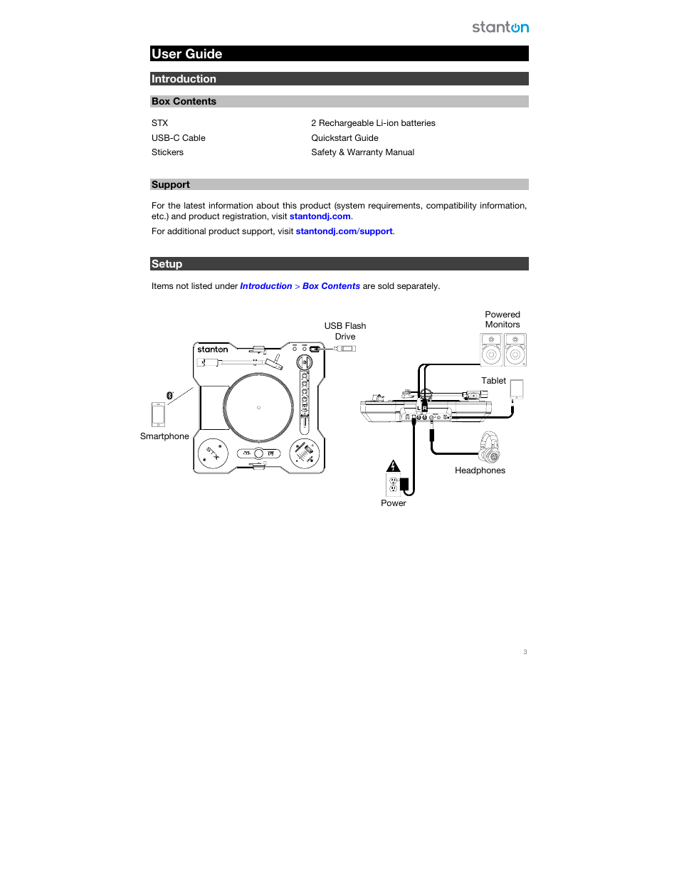 User guide, Introduction, Box contents | Support, Setup | Stanton STX Portable Scratch Turntable (Limited Edition) User Manual | Page 3 / 8