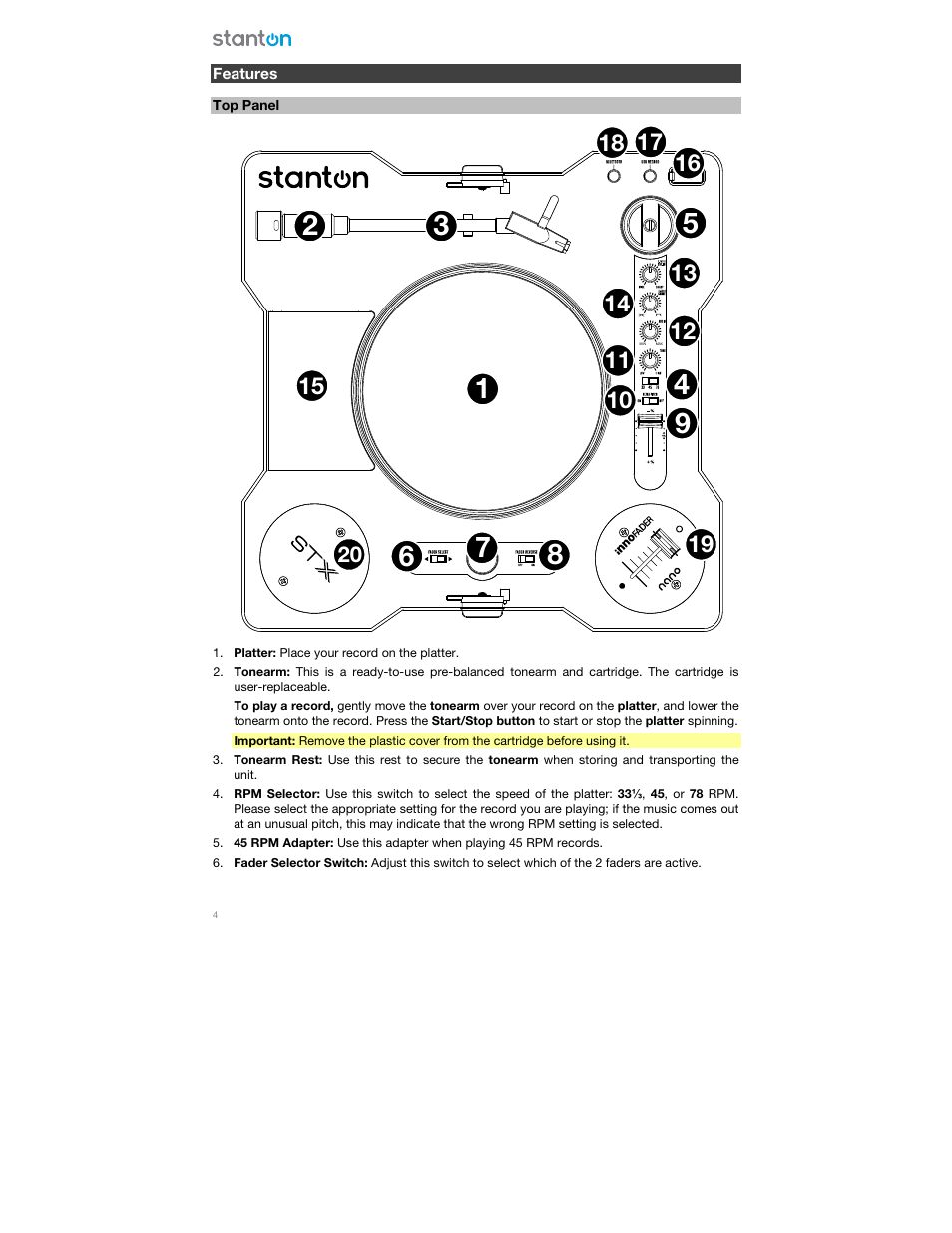 Features, Top panel | Stanton STX Portable Scratch Turntable (Limited Edition) User Manual | Page 4 / 8