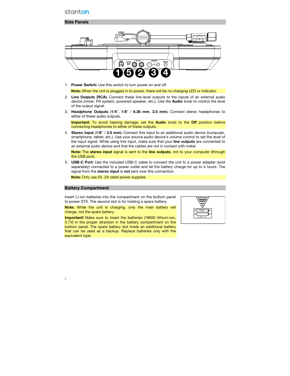 Side panels, Battery compartment | Stanton STX Portable Scratch Turntable (Limited Edition) User Manual | Page 6 / 8