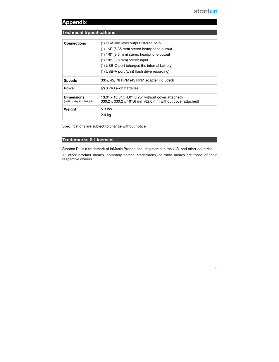 Appendix, Technical specifications, Trademarks & licenses | Stanton STX Portable Scratch Turntable (Limited Edition) User Manual | Page 7 / 8