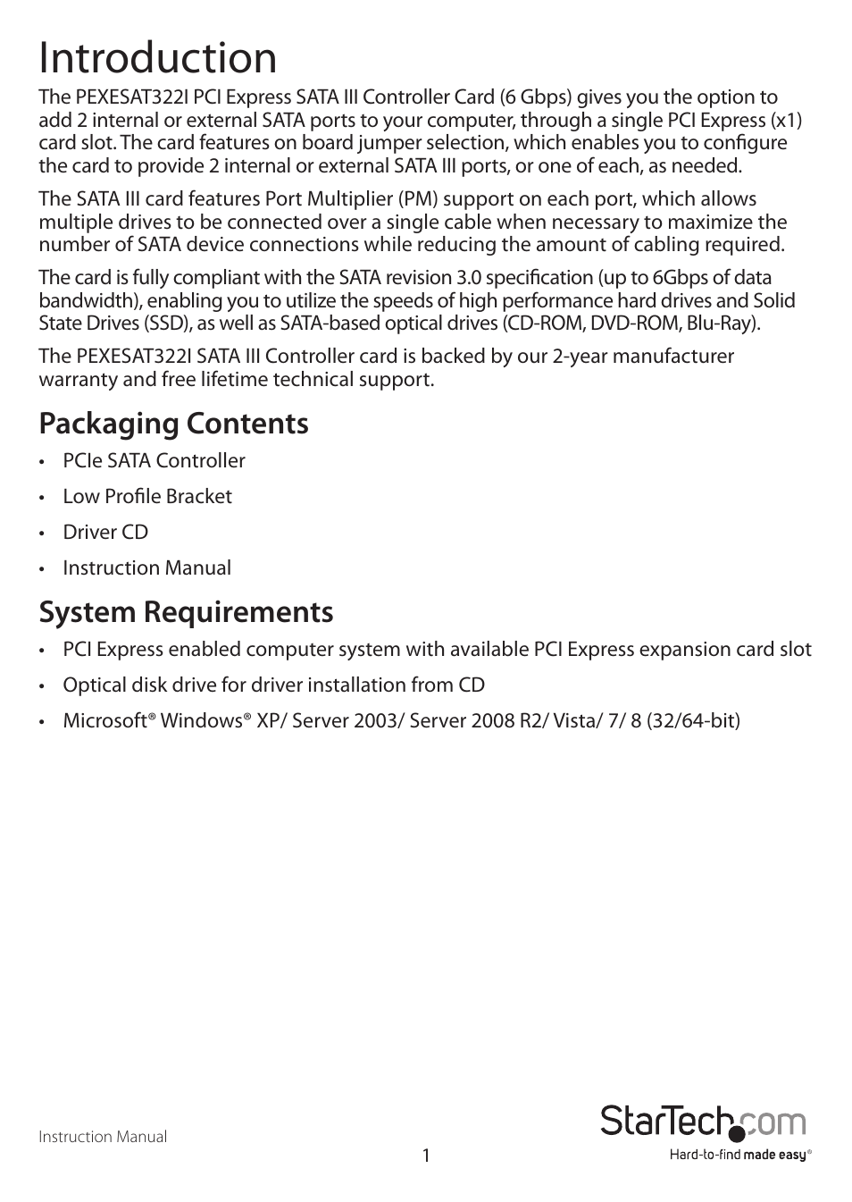 Introduction, Packaging contents, System requirements | StarTech.com 4-Port (2 Internal/2 External) PCIe SATA 6 Gb/s Controller Card User Manual | Page 4 / 11